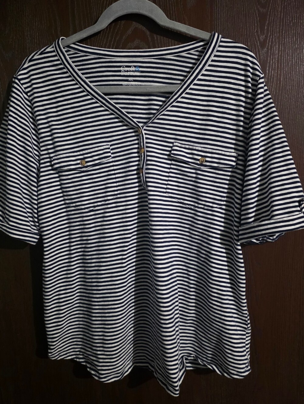Croft & Barrow Navy and White Stripe V-Neck Pocket Top